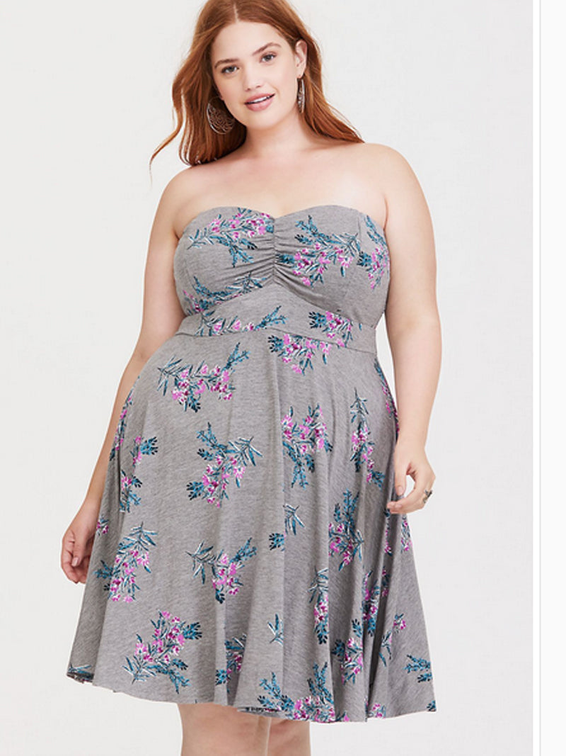 Strapless Sweetheart Ruched Bust Wide Waistband Floral Print A Line Midi Dress