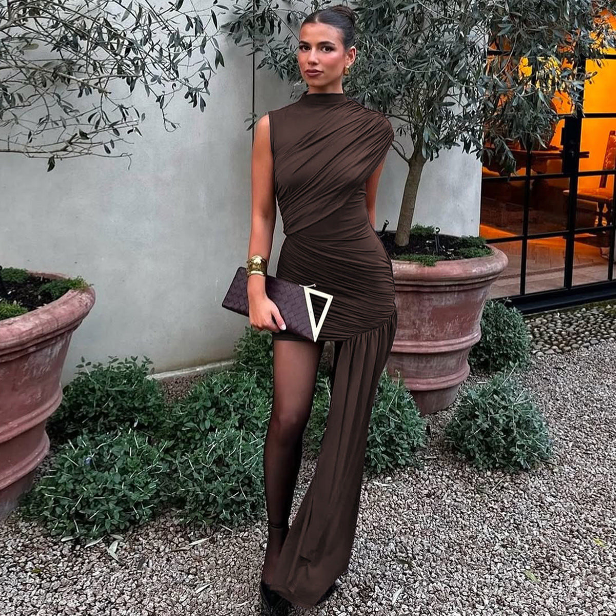 Mock Neck Ruched Asymmetric Train Mini Dress