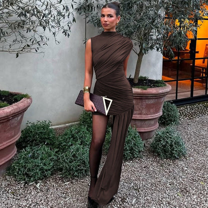 Mock Neck Ruched Asymmetric Train Mini Dress