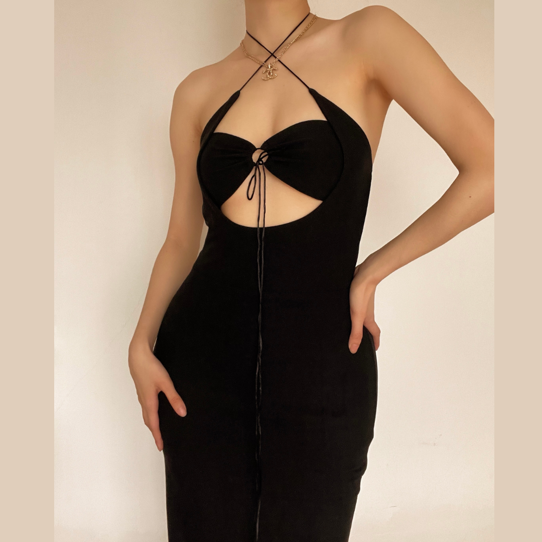 Halter Neck Cutout Gathered Bust String Detail Bodycon Maxi Dress
