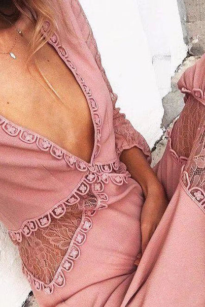 Deep V-Neck Long Sleeve Lace Panel Tiered Pom Trim Maxi Dress