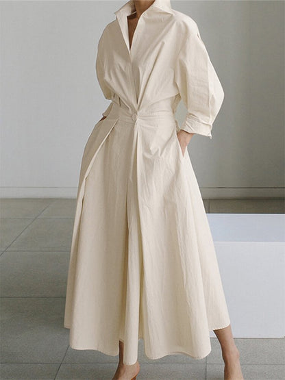Collared Deep V-Neck Puff Sleeve Pleated A-Line Midi Shirt Dress