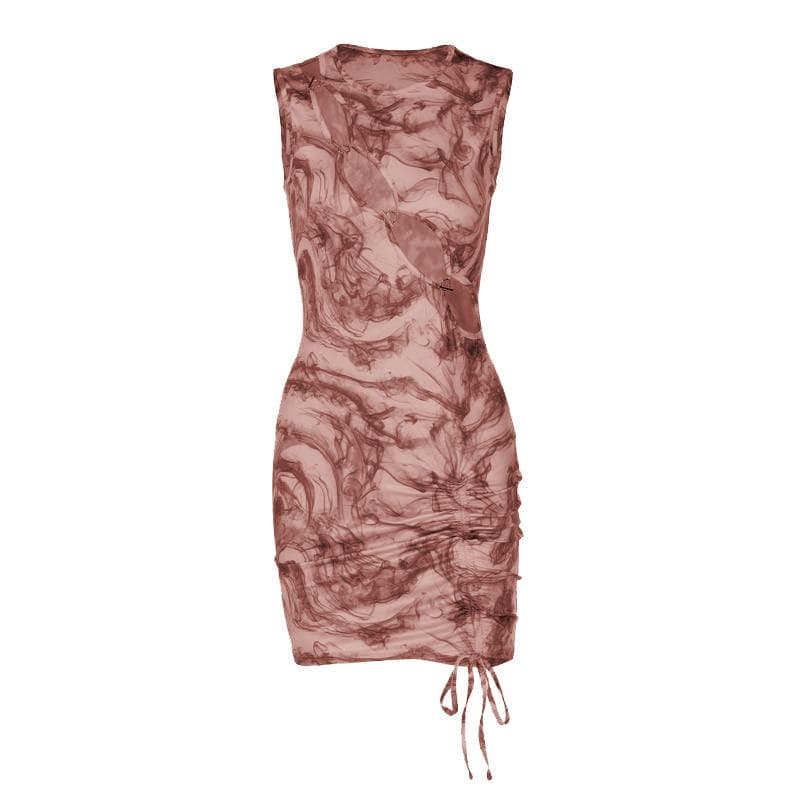 Crew Neck Chain Link Cutout Side Ruched Drawstring Mini Dress