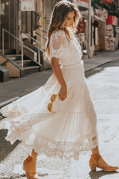 V Neck Short Sleeve Swiss Dot Lace Tiered Scalloped Hem Maxi Dress