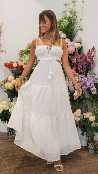 Spaghetti Strap Smocked Tie Tassel Side Cutout Tiered Crinkle Maxi Dress