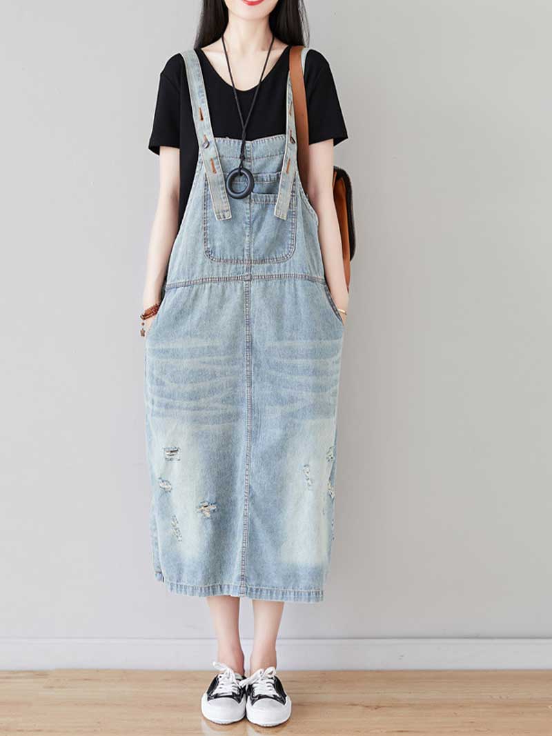 Square Neck Overall Bib Front Midi Dress