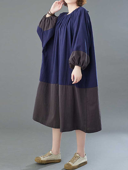 Gathered Neck Colorblock Lantern Sleeve Midi Dress