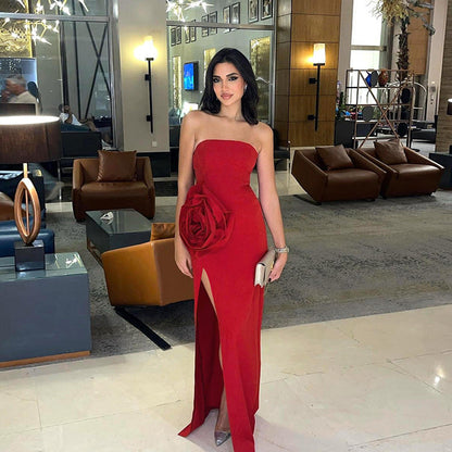 Strapless Sweetheart Rosette Applique High Slit Column Maxi Dress