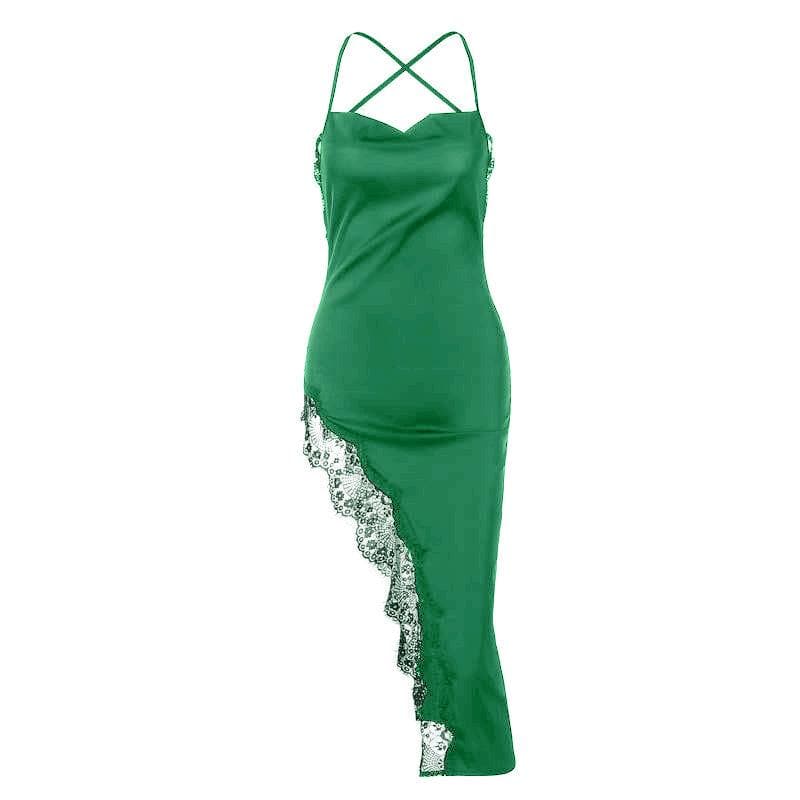 Cowl Neck Crisscross Strap Lace Trim Asymmetrical Hem Satin Midi Dress