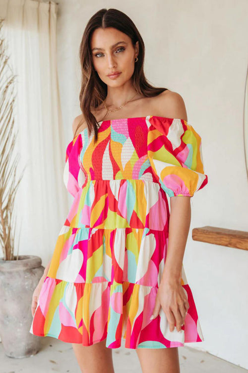 Off Shoulder Smocked Puff Sleeve Abstract Swirl Print Tiered Mini Dress