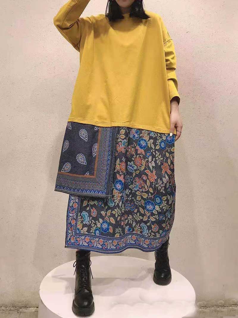 Crew Neck Long Sleeve Solid Patchwork Border Floral Midi Sweatshirt Dress