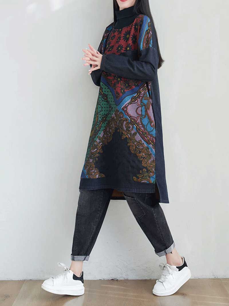High Neck Long Sleeve Sweater Midi Dress