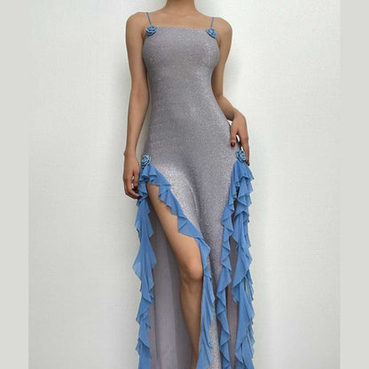 Spaghetti Strap Glitter Rosette Trim Double Side Slit Ruffle Maxi Dress