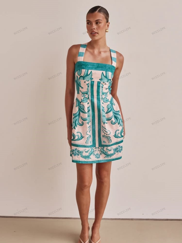 Graphic Print Spaghetti Strap Smocked Tier Mini Dress