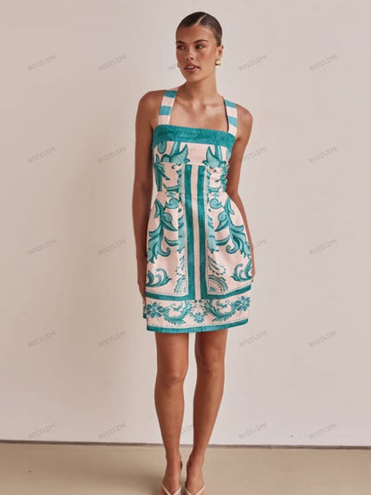 Graphic Print Spaghetti Strap Smocked Tier Mini Dress