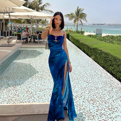 Cowl Neck Spaghetti Strap Ring Link Bust Cutout Marble Print Slit Maxi Dress