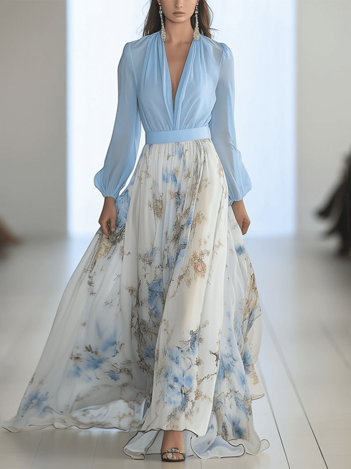 Deep V Bishop Sleeve Belted Accordion Pleat Floral Maxi Dress