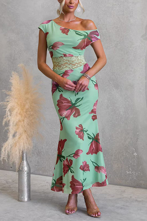 Asymmetrical Shoulder Lace Splice Floral Print Maxi Dress