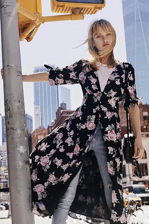Floral Print Button Front Tie Sleeve Maxi Duster Dress