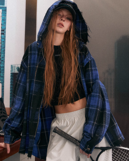 Blue Plaid Oversized Hooded Jacket