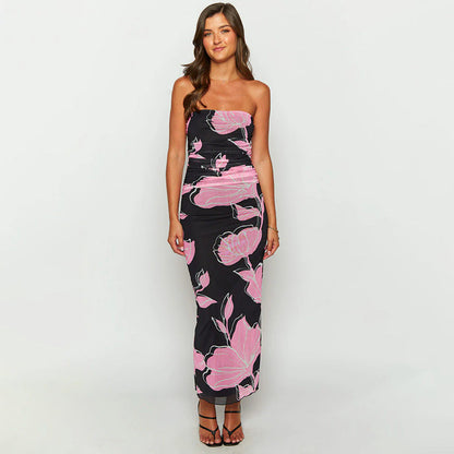 Strapless Ruched Floral Print Column Maxi Dress