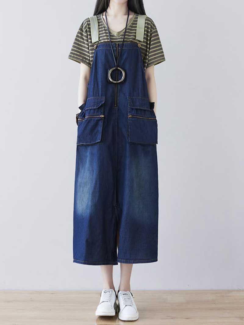 Bib Front Cargo Pocket Zip Front Denim Overall Midi Dress
