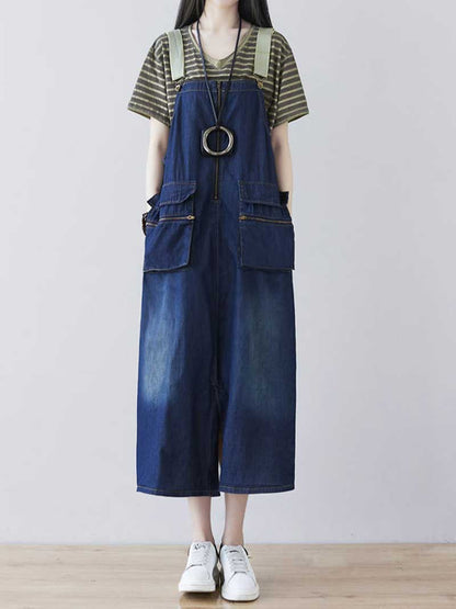 Bib Front Cargo Pocket Zip Front Denim Overall Midi Dress