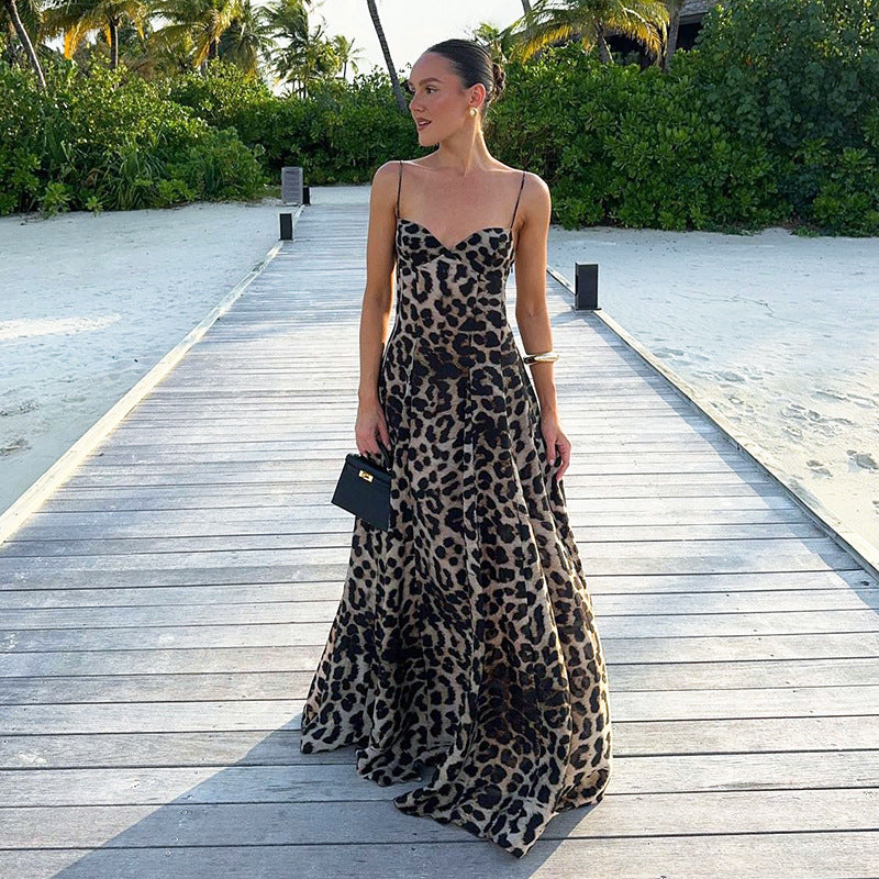 Spaghetti Strap Corset Sweetheart Print Flared Maxi Dress