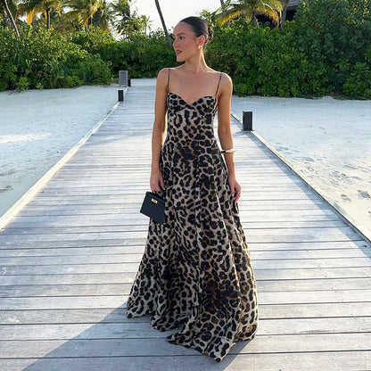Spaghetti Strap Corset Sweetheart Print Flared Maxi Dress