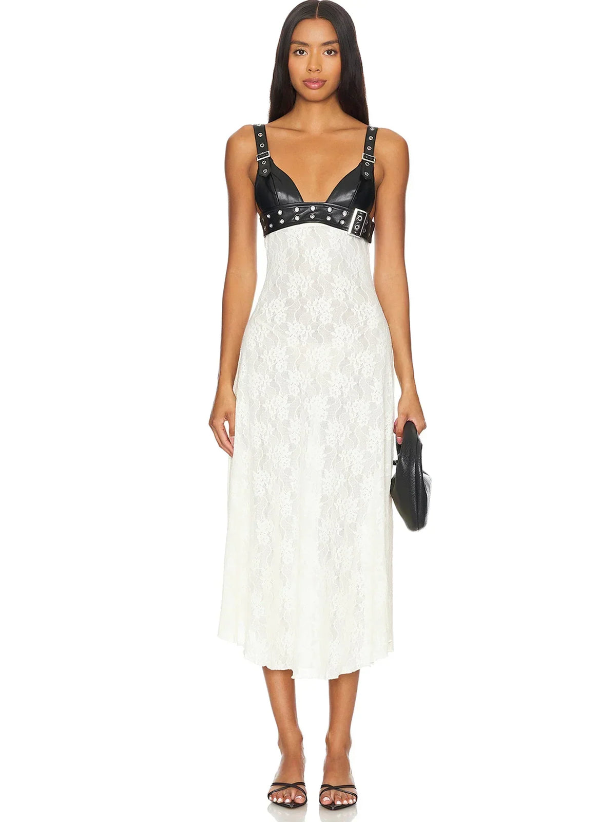 Studded Faux Leather Bustier Floral Lace Midi Dress