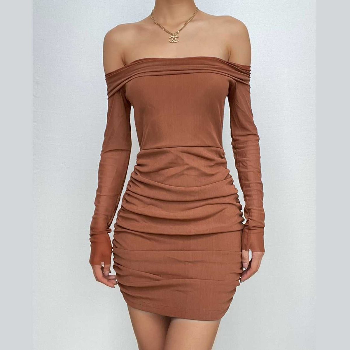 Off-Shoulder Sheer Mesh Long Sleeve Horizontal Ruched Bodycon Mini Dress