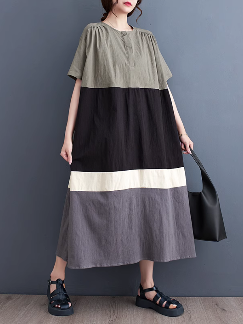 Round Neck Henley Button Contrast Panel Loose Midi Dress