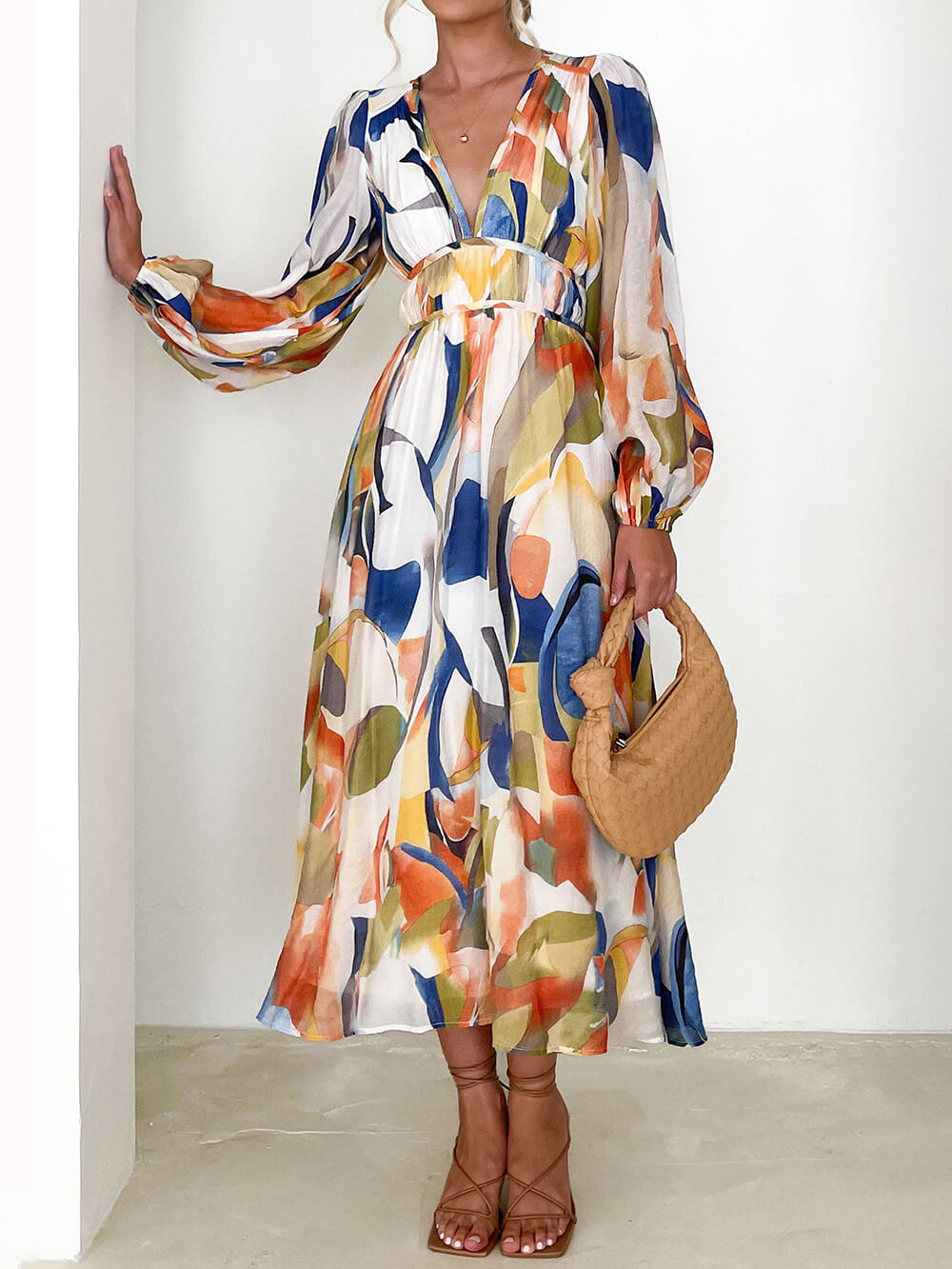 Abstract Brushstroke Print Deep V-Neck Lantern Sleeve Empire Waist Maxi Dress