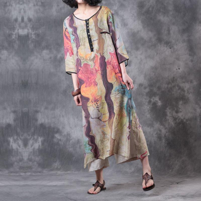 Scoop Neck Colorblock Patchwork Oversized Linen Midi Dress