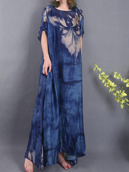 Scoop Neck Batwing Sleeve Abstract Brushstroke Kaftan Maxi Dress