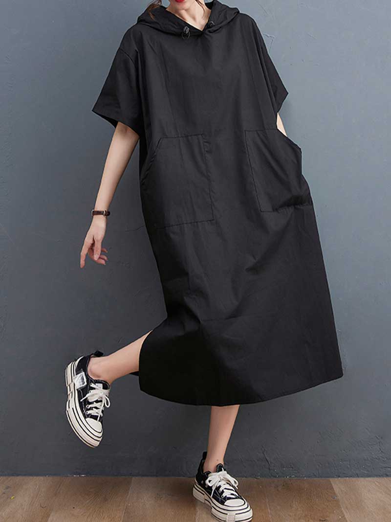 Hooded Long Sleeve Kangaroo Pocket Midi Dress
