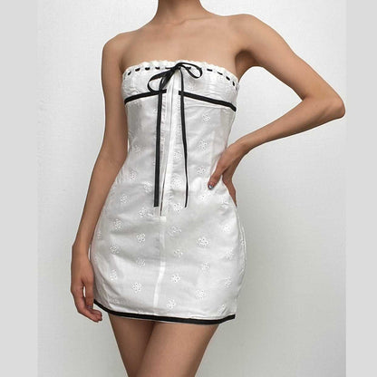Eyelet Strapless Contrast Bow Trim Tube Mini Dress