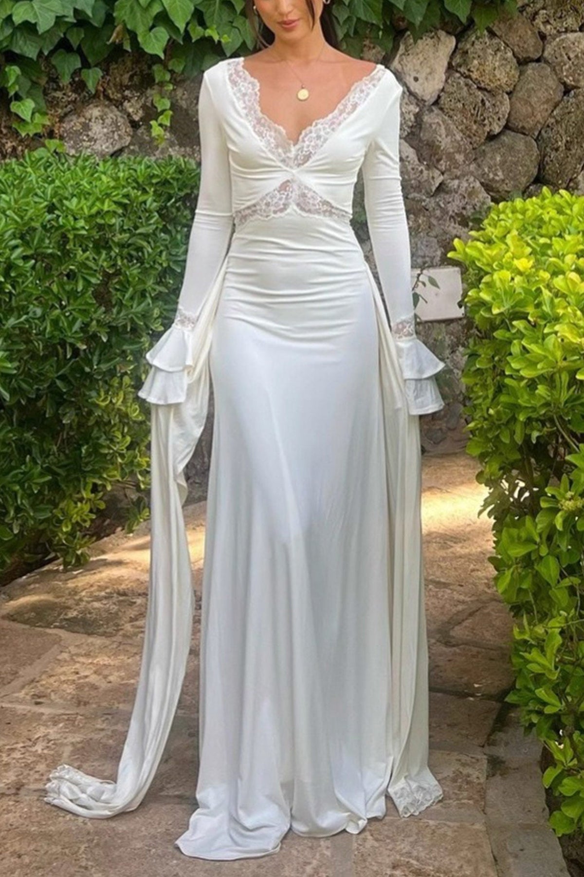 Lace Patchwork Flare Sleeve Tie-up Maxi Dress
