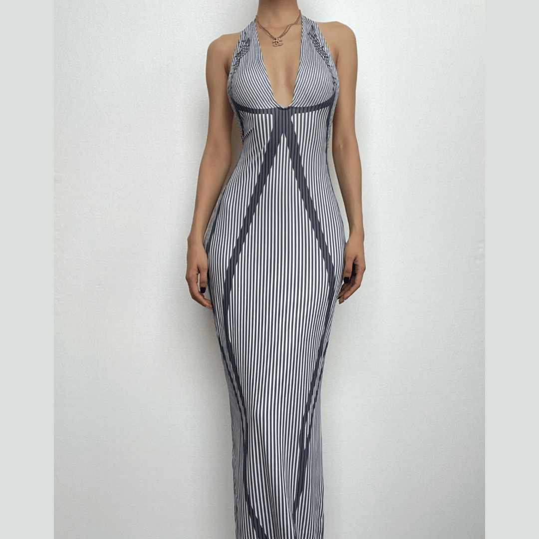 Pinstripe Plunge Halter Lace Trim Geometric Bodycon Maxi Gown