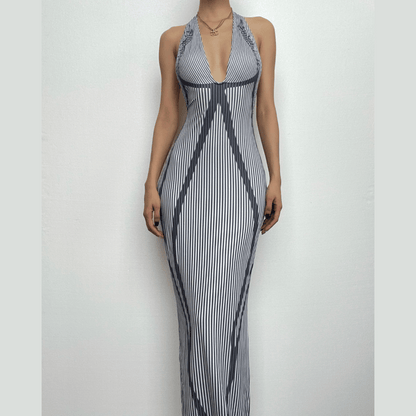 Pinstripe Plunge Halter Lace Trim Geometric Bodycon Maxi Gown