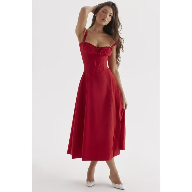Tie Strap Ruched Sweetheart Corset Bodice Midi Dress