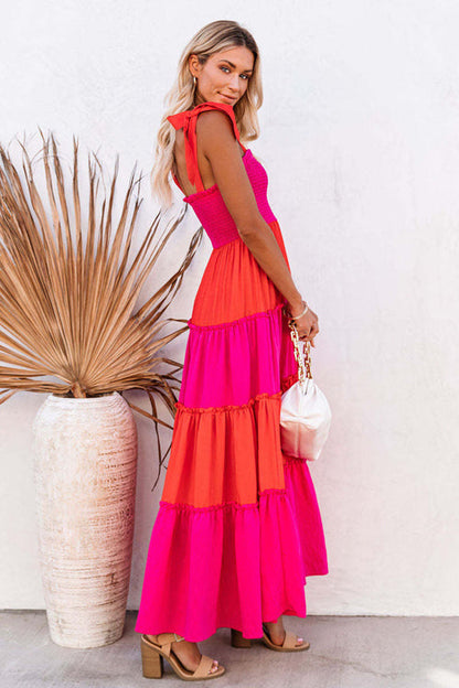 Smocked Square Neck Shoulder Tie Bow Tiered Ruffle Maxi Dress