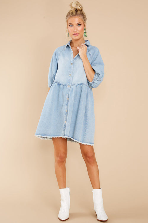 Collar Raglan Puff Sleeve Snap Front Denim Babydoll Dress