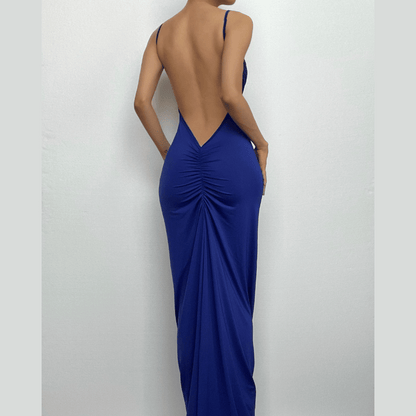 Spaghetti Strap Plunging Backless Ruched Bodycon Maxi Dress