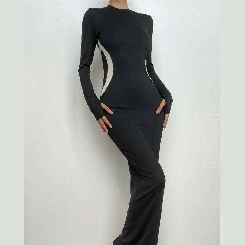 Side Contrast Panel Crew Neck Long Sleeve Bodycon Maxi Dress