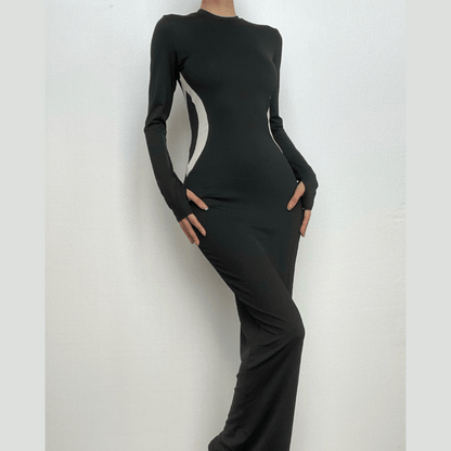 Side Contrast Panel Crew Neck Long Sleeve Bodycon Maxi Dress