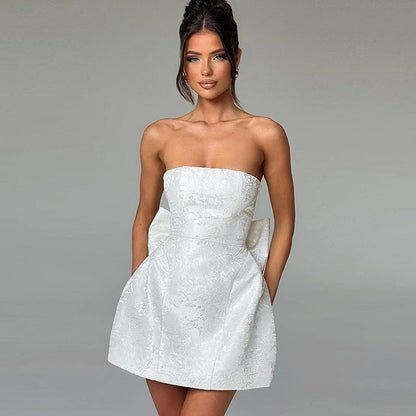 Strapless Brocade Floral Structured Bow Detail Tulip Mini Dress