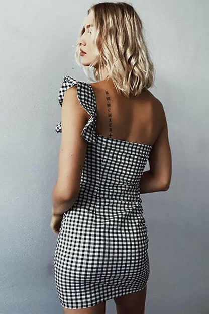 Square Neck Ruffle Trim Tartan Shift Mini Dress