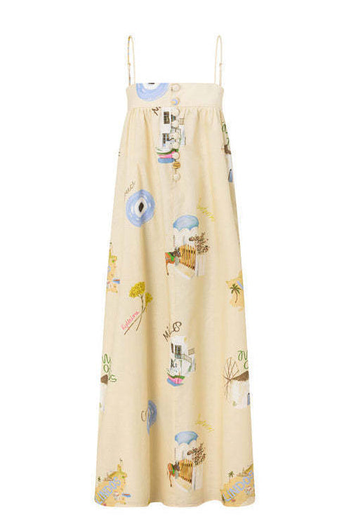 Square Neck Mediterranean Travel Print Pocket Maxi Dress