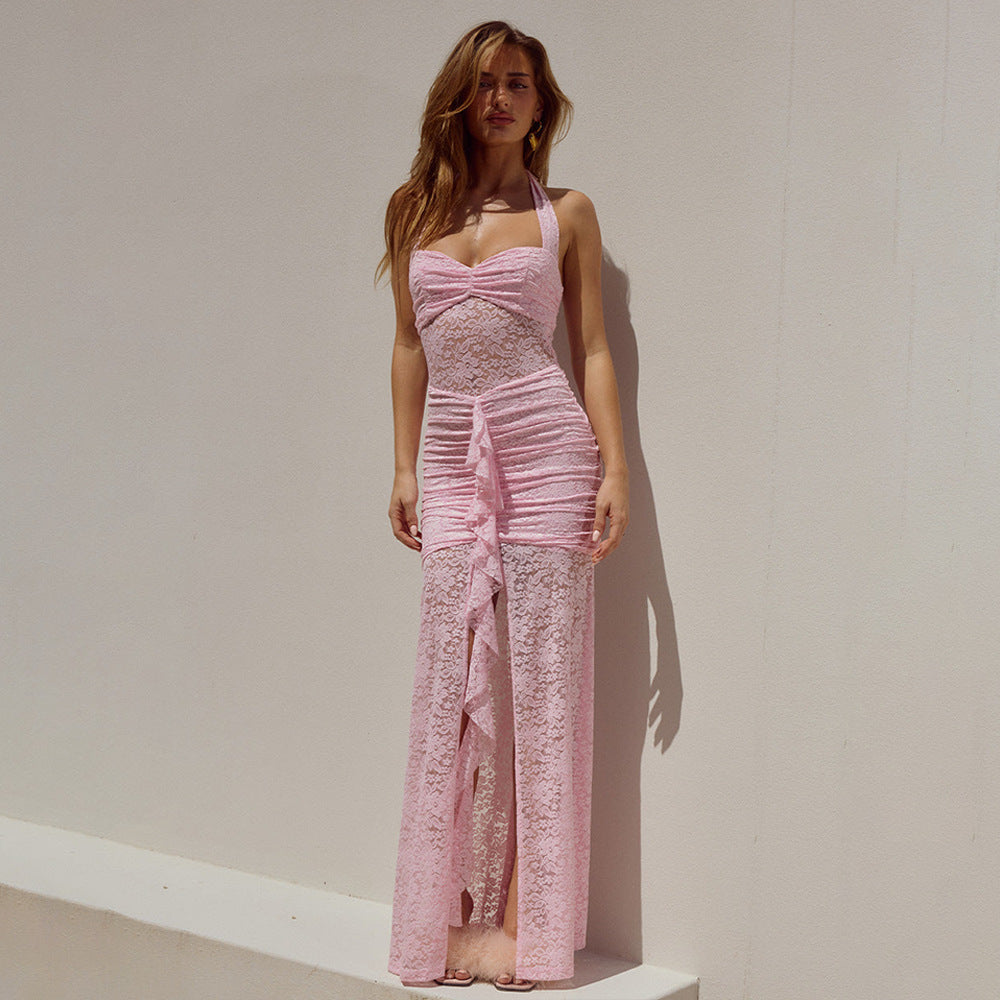 Floral Lace Halter Ruched Ruffle Slit Maxi Dress